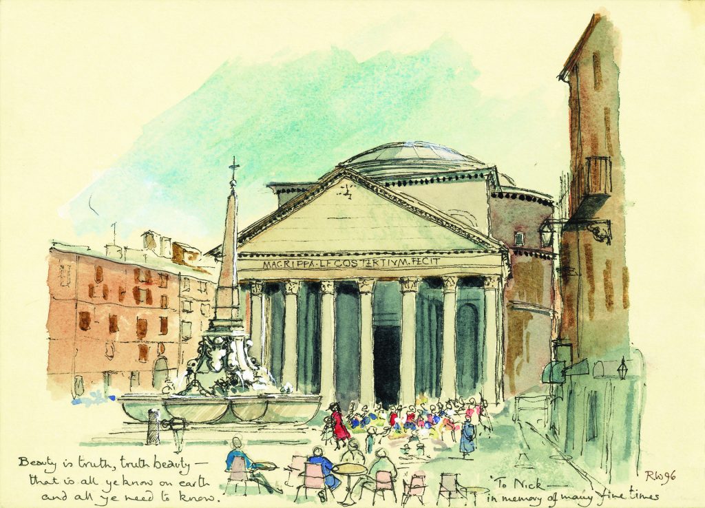 A watercolour painting of the architecure of the Pantheon, Rome